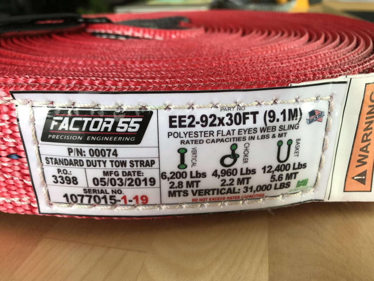 30 Foot Tow Strap Standard Duty 30 Foot x 2 Inch Red Factor 55 - BaseCamp Provisions