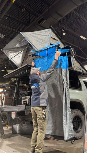 Ultimate Camp Shower Set: Hard Case Shower/Bathroom Awning + 90 Degree Swing Out - BaseCamp Provisions
