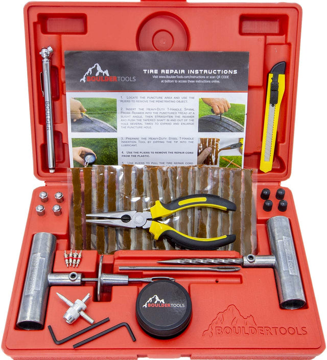 Boulder Tools - Heavy Duty Tire Repair Kit for Car, Truck, RV, SUV, ATV, Motorcycle, Tractor, Trailer. Flat Tire Puncture Repair Kit - BaseCamp Provisions